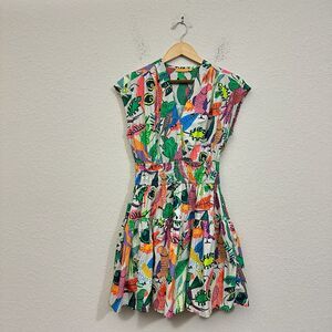 OLIPHANT Multicolor Bird Print Smocked Waist Mini Dress w Pockets
